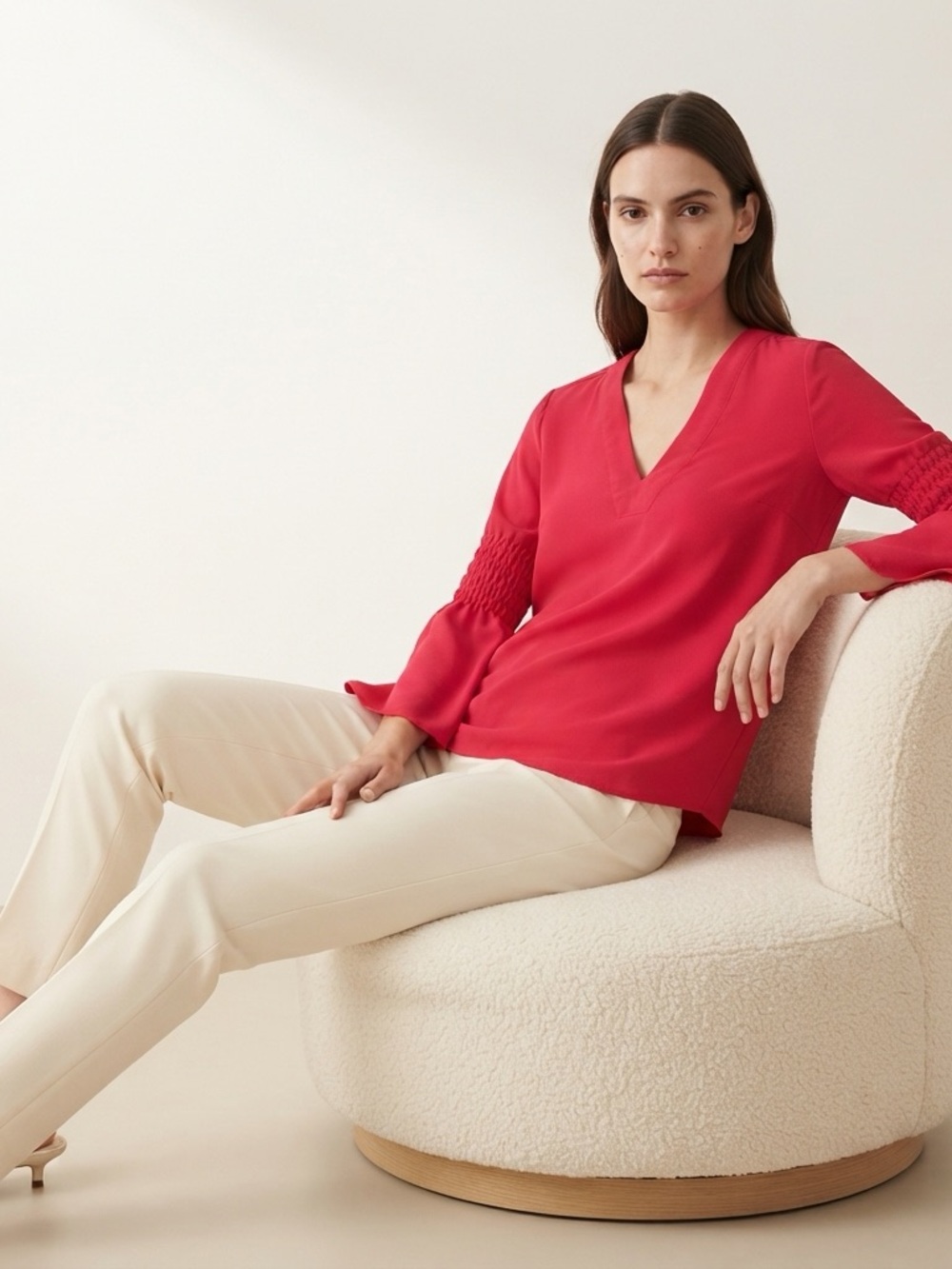 Michael Kors Women’s Small Red V Neck Bell Smocked Sleeve Blouse Top Blouse